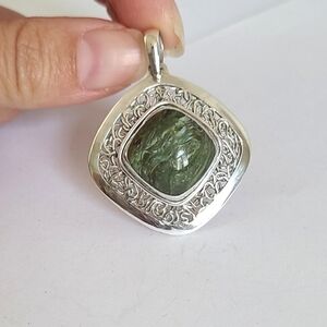 Vintage Boho Chunky Green Seraphinite Gemstone Cabochon Sterling Silver Pendant